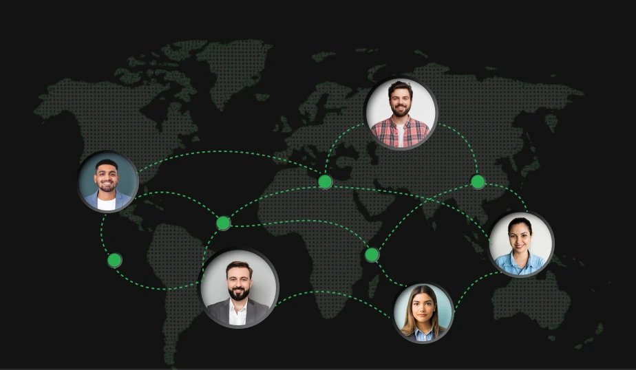 Dotted world map with creator avatars pinned across continents