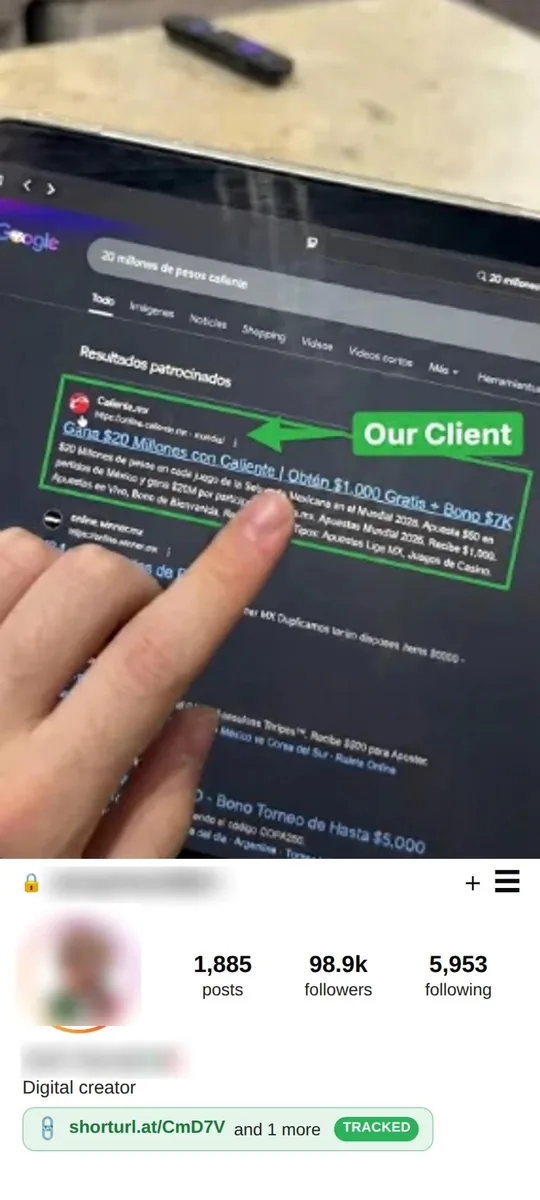 UGC distribution example, a client's tracked profile with 98.9k followers
