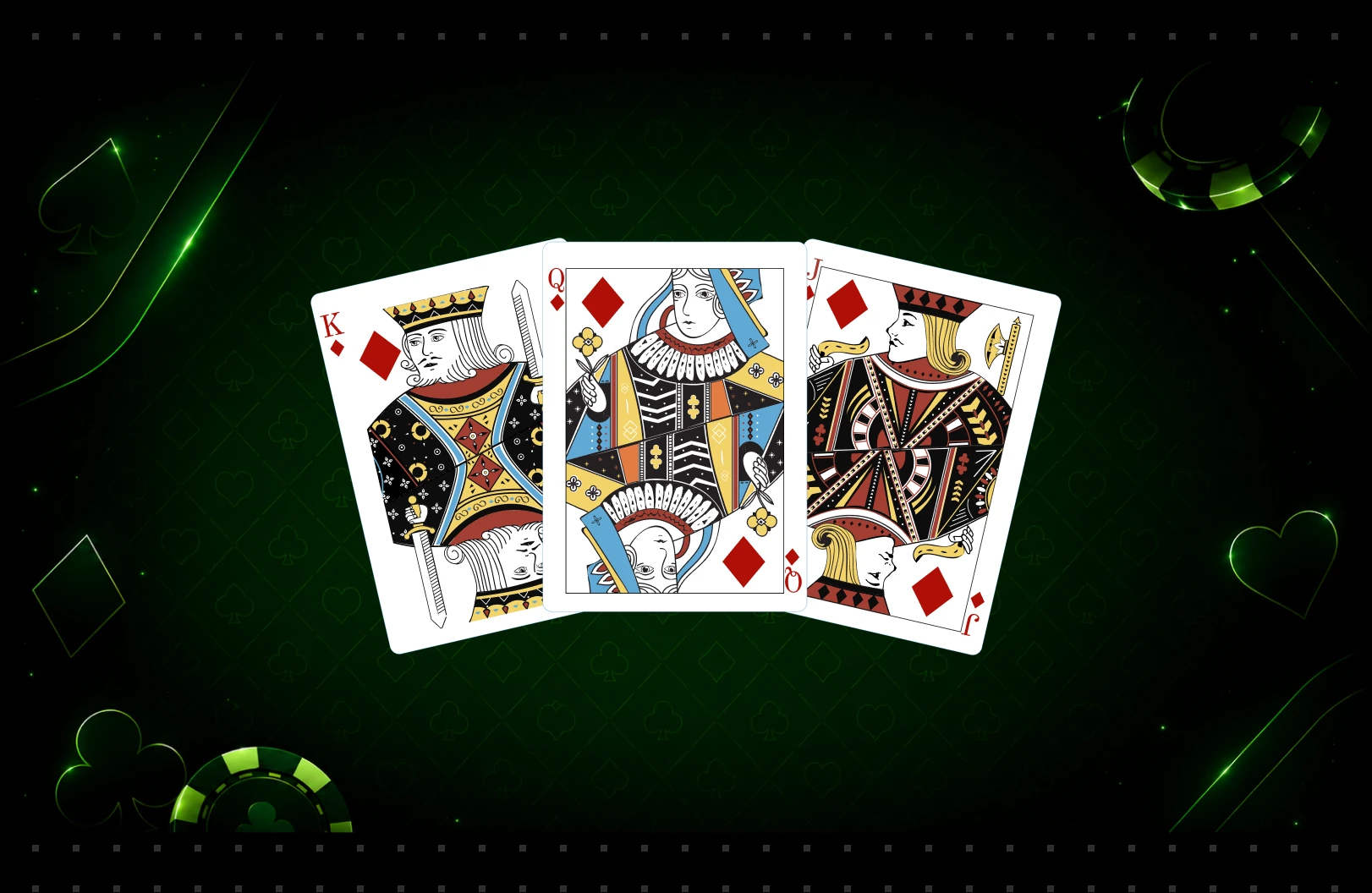 Three playing cards — King, Queen and Jack of diamonds — on a green casino table with poker chips