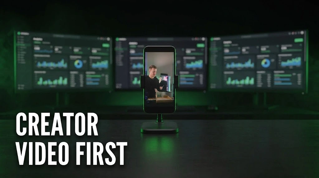 A phone playing creator video in sharp focus in front of dimmer analytics dashboards, showing creator video leading the casino marketing mix.