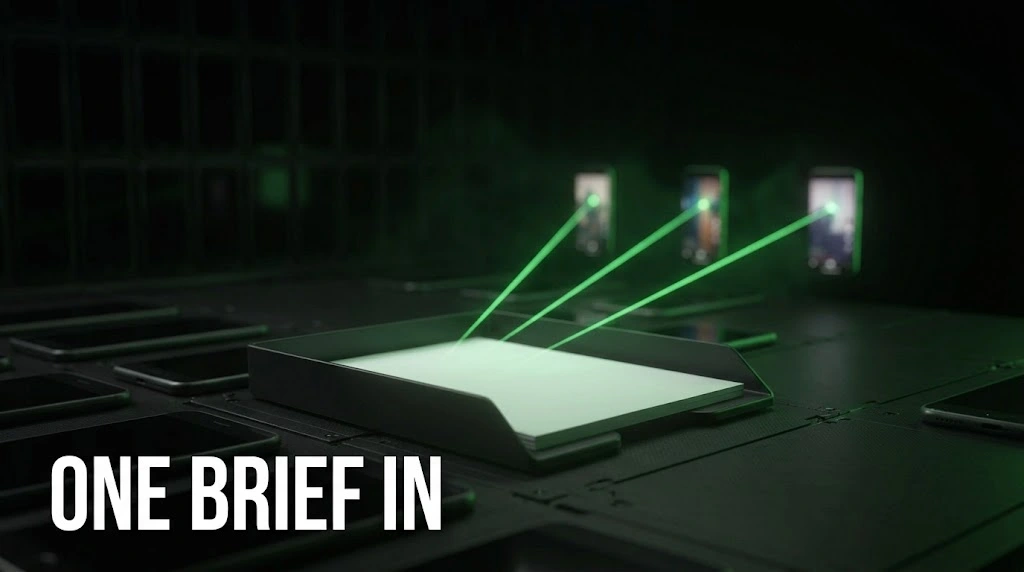 A single brief in a tray sending green light beams to three glowing phone screens, showing one casino UGC brief becoming many posted videos.
