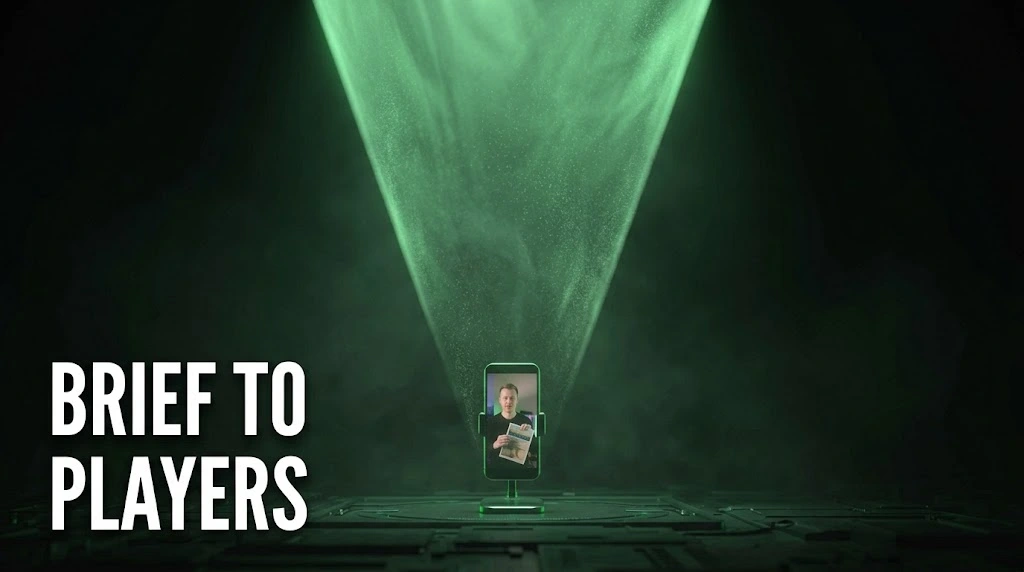 A cone of green light narrowing down into a single phone, showing the path from a casino UGC brief to acquired players.