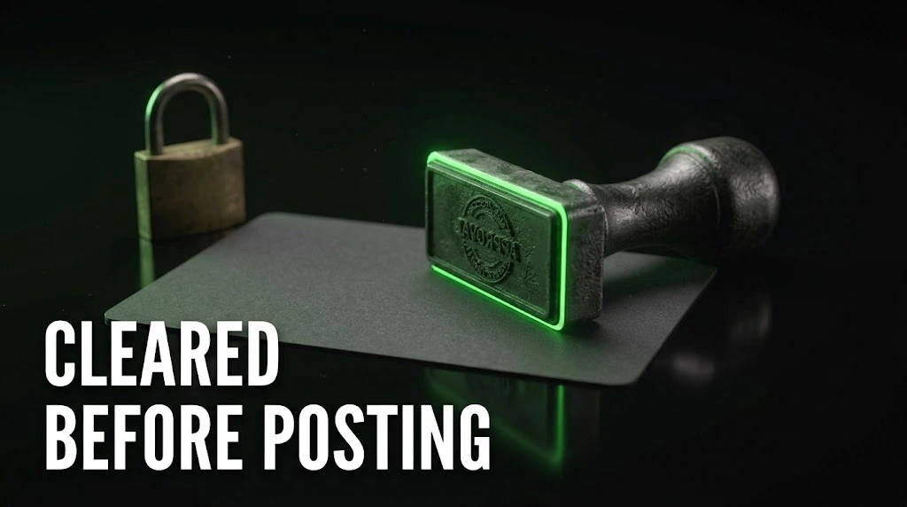 A metal approval stamp and a padlock on a dark card, showing casino UGC clips cleared against the rules before they are posted.