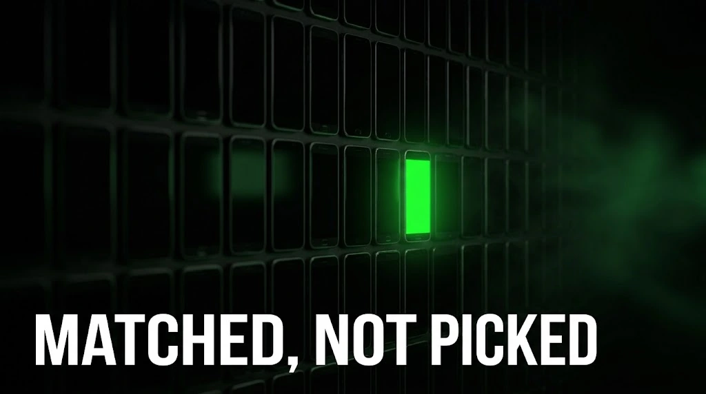 A wall of dark phone screens with one lit bright green, showing casino UGC creators matched to a licence rather than picked off a grid.