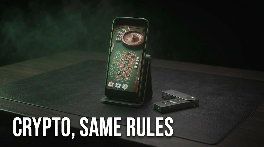 A phone showing a crypto casino roulette table beside a hardware wallet, showing that crypto casinos follow the same UGC and advertising rules.