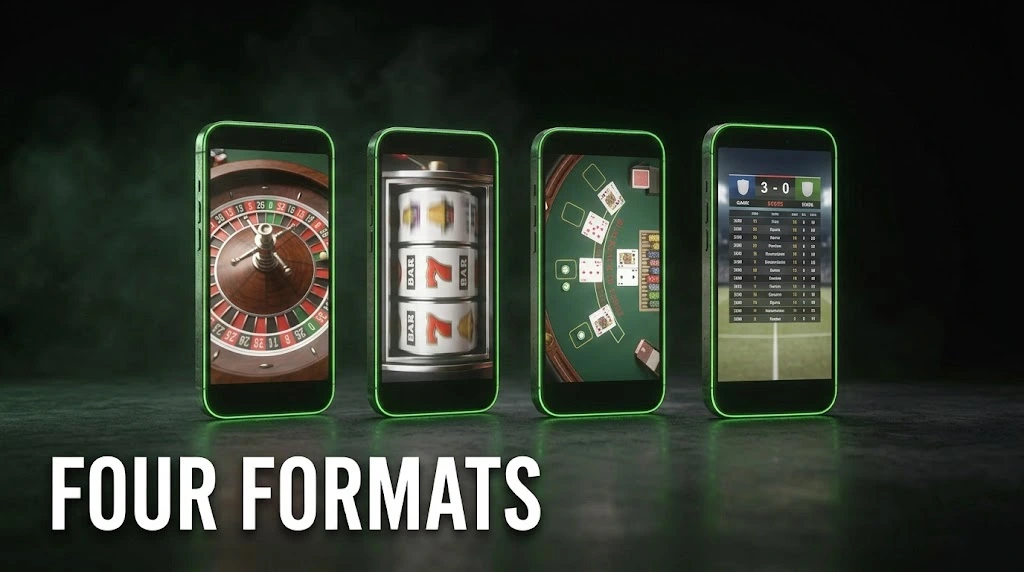 Four phones showing a roulette wheel, slot reels, a card table and a live sports scoreboard, the four casino UGC formats operators run.