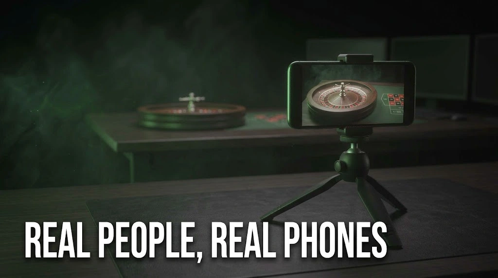A phone on a tripod filming a roulette wheel, showing casino UGC made by real people on real phones rather than in a studio.
