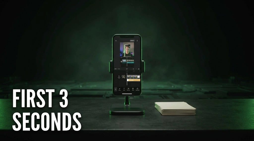 A phone showing a vertical video timeline with the playhead at the very start, illustrating that a casino UGC script is won in the first three seconds.
