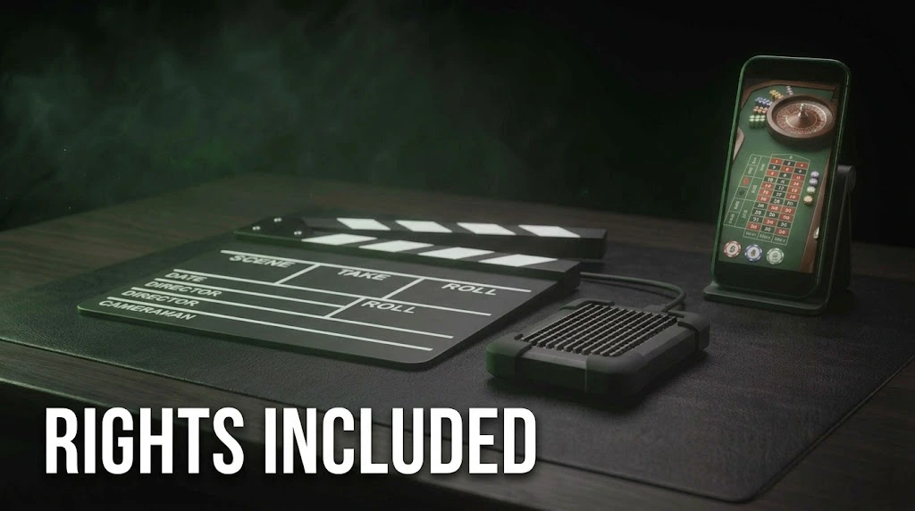A film slate and a hard drive beside a phone playing a casino clip, showing that usage rights to the footage come with the campaign.