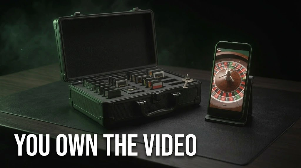An open case of camera memory cards beside a phone playing a casino clip, showing the brand owns the UGC video it pays for.