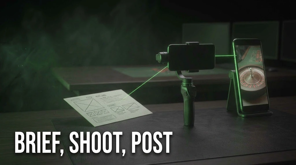 A brief card, a phone on a gimbal and a posted video linked by green light, showing the brief, shoot and post steps of a casino UGC campaign.