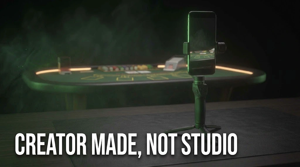 A phone on a tripod filming a live dealer table, showing iGaming UGC made by creators rather than in a studio.