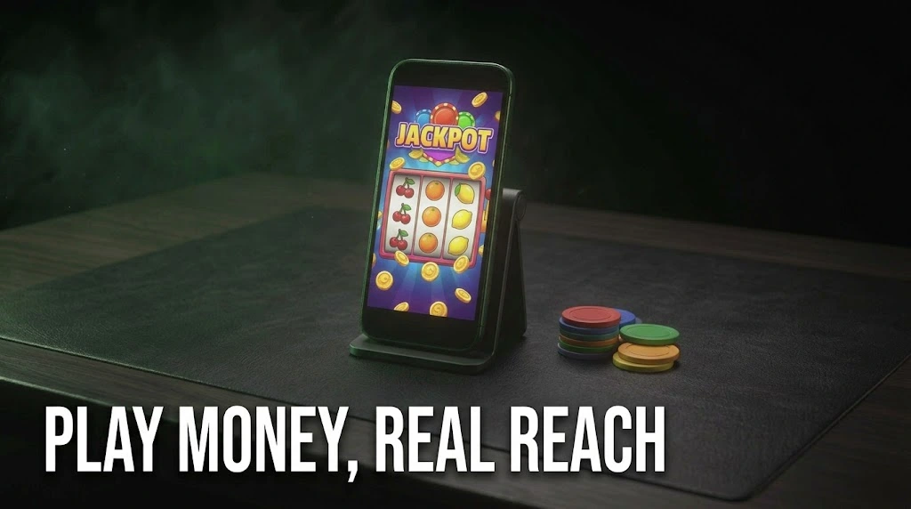 A phone showing a bright social casino slot game beside plain play tokens, showing play-money games earning real organic reach.