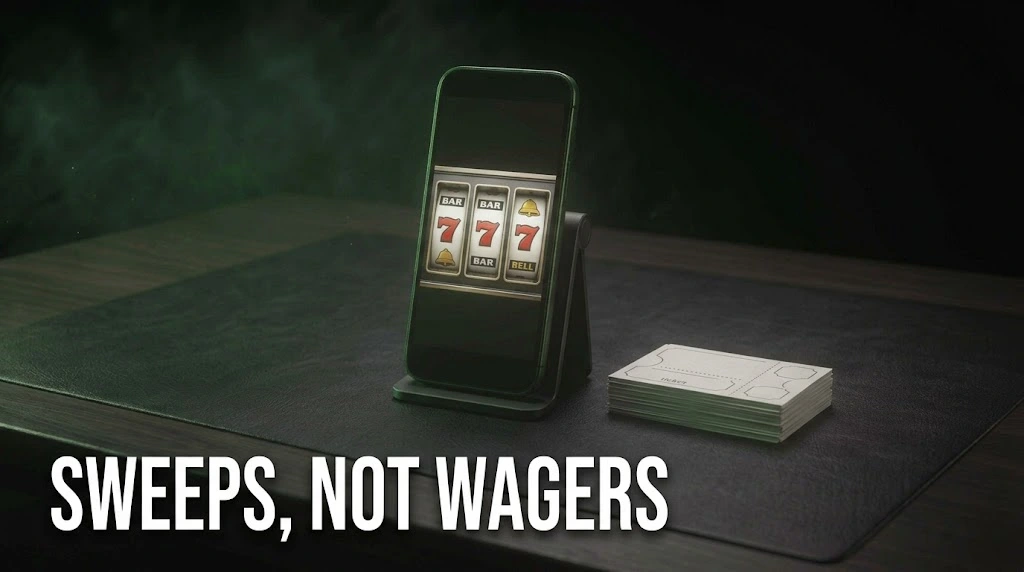 A phone showing slot reels beside a stack of blank entry coupons, showing sweepstakes play framed as entries rather than wagers.