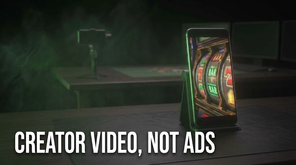 A phone filming glowing slot reels close up, showing casino UGC as creator video rather than a polished advert.