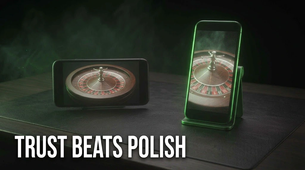 A dim polished advert frame beside a bright handheld creator clip of the same roulette wheel, showing why casinos buy UGC.